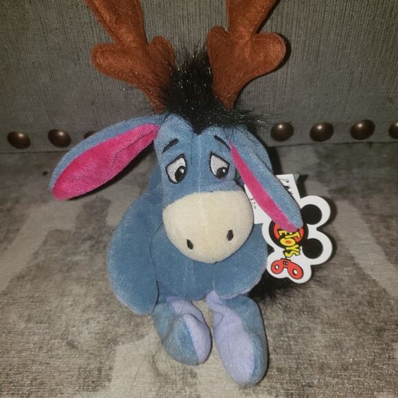 Disney Mousketears Winnie The Pooh Eeyore Christmas Reindeer Beanbag Plush NWT - Picture 2 of 3
